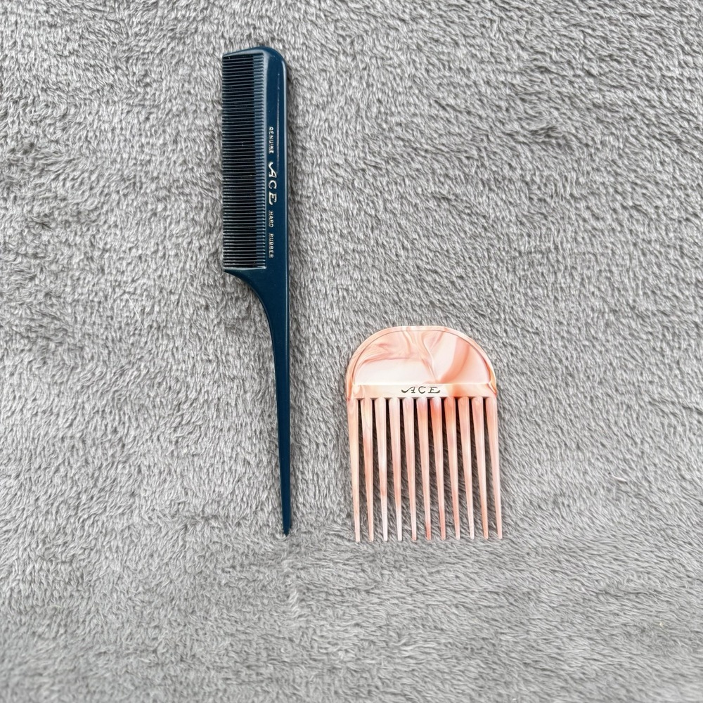 Vintage ACE Comb and Pick Set Retro Pink Marbled Lift Tail Comb MCM 60s 70s